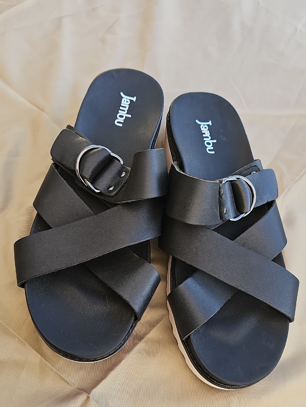 Jambu Black Crisscross Slide Sandals with Silver Buckles